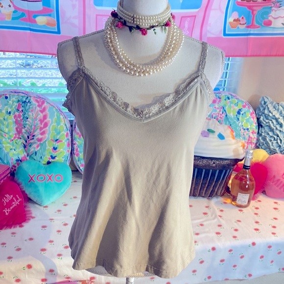 Tan camisole with shelf bra, velvet ribbon & lace trim - Picture 1 of 8